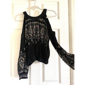 Boho cold shoulder black and gold top